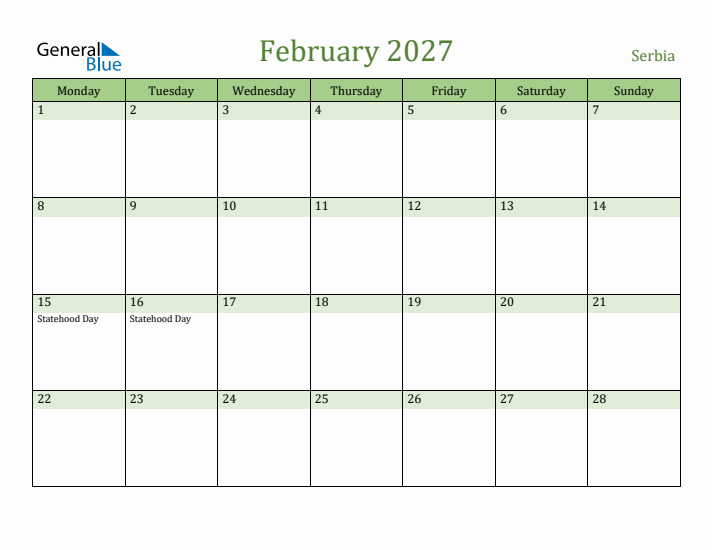 February 2027 Calendar with Serbia Holidays