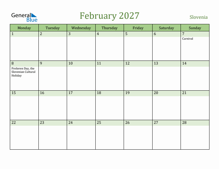 February 2027 Calendar with Slovenia Holidays