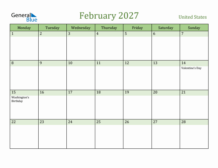 February 2027 Calendar with United States Holidays