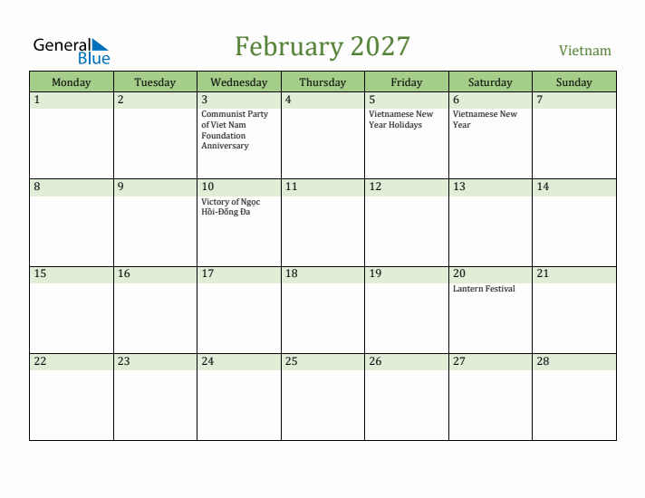 February 2027 Calendar with Vietnam Holidays