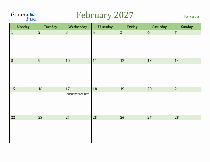 February 2027 Calendar with Kosovo Holidays