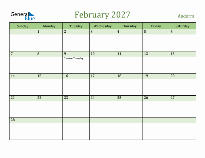February 2027 Calendar with Andorra Holidays