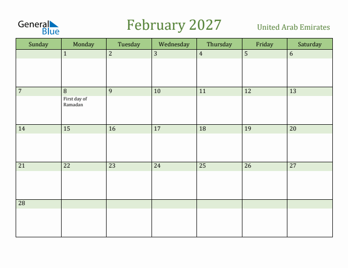 February 2027 Calendar with United Arab Emirates Holidays
