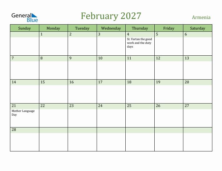 February 2027 Calendar with Armenia Holidays