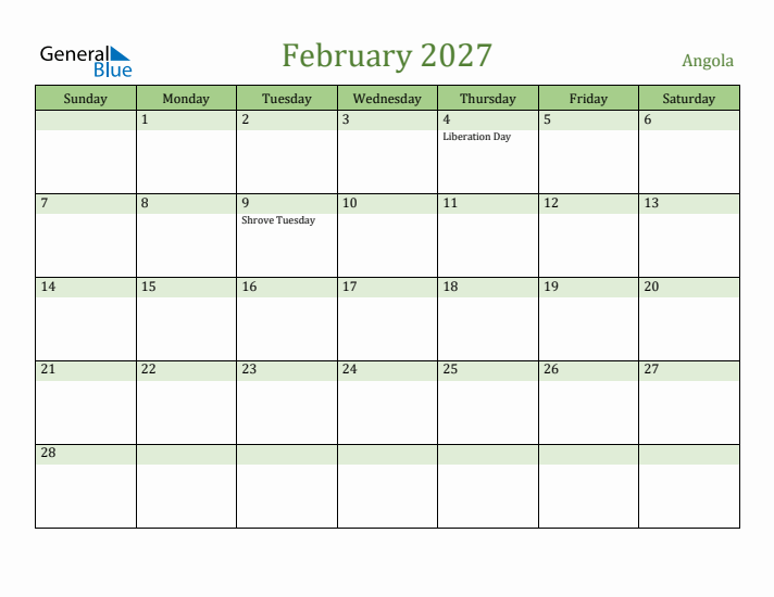 February 2027 Calendar with Angola Holidays