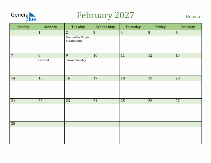 February 2027 Calendar with Bolivia Holidays
