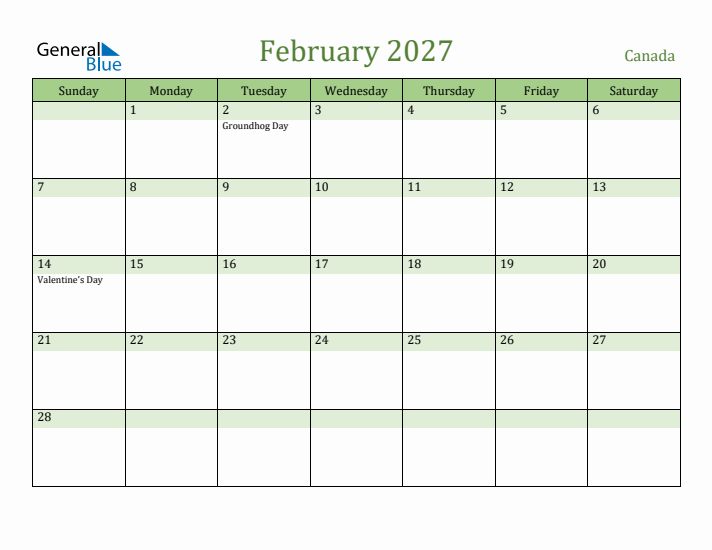 February 2027 Calendar with Canada Holidays
