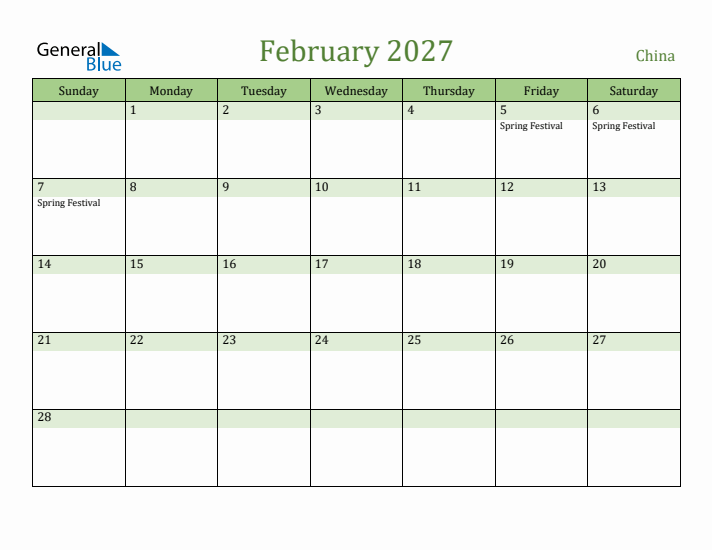 February 2027 Calendar with China Holidays