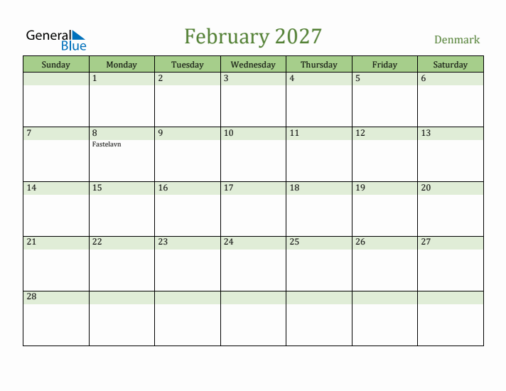February 2027 Calendar with Denmark Holidays