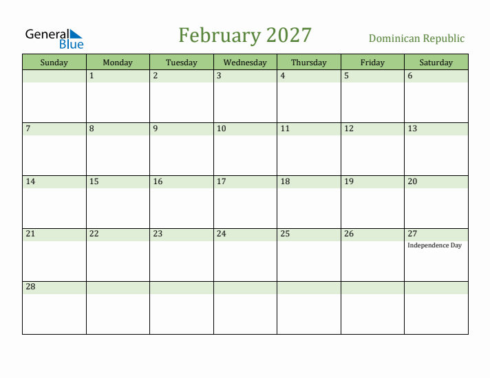 February 2027 Calendar with Dominican Republic Holidays
