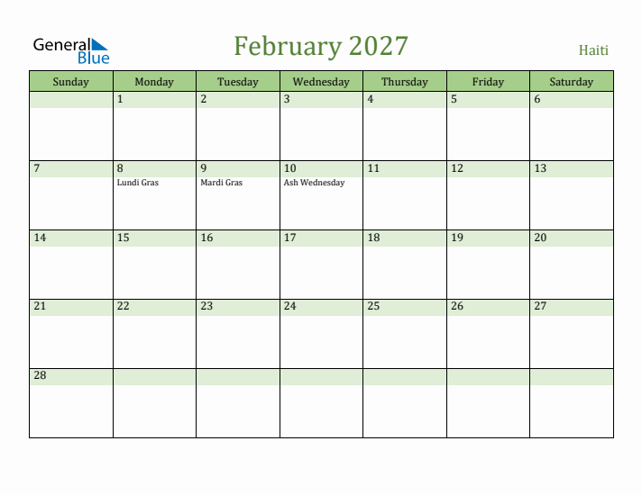 February 2027 Calendar with Haiti Holidays