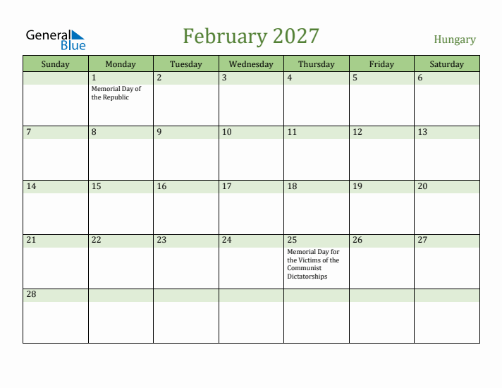 February 2027 Calendar with Hungary Holidays