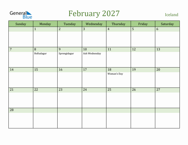February 2027 Calendar with Iceland Holidays