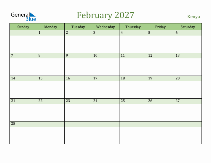 February 2027 Calendar with Kenya Holidays