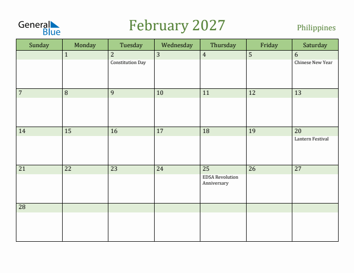 February 2027 Calendar with Philippines Holidays