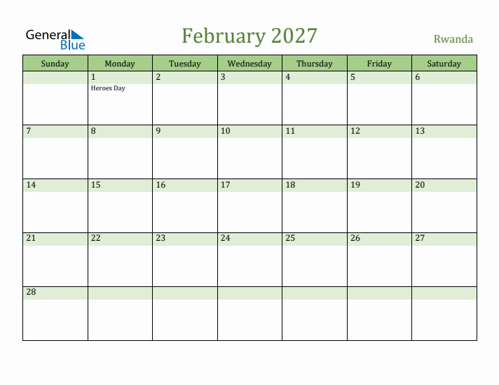 February 2027 Calendar with Rwanda Holidays