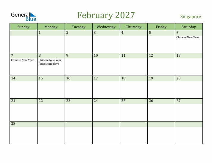 February 2027 Calendar with Singapore Holidays