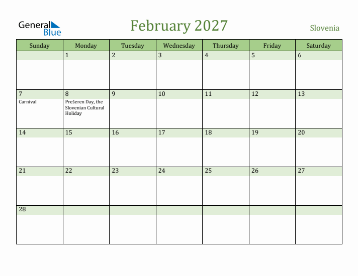 February 2027 Calendar with Slovenia Holidays