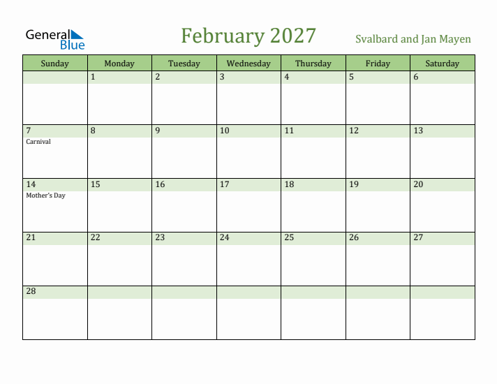 February 2027 Calendar with Svalbard and Jan Mayen Holidays