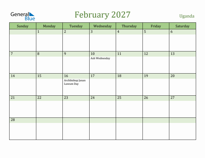 February 2027 Calendar with Uganda Holidays