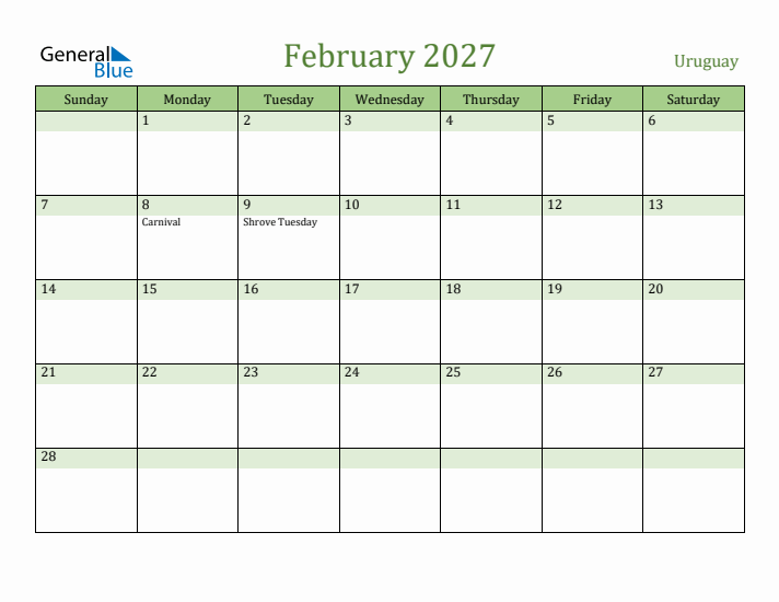 February 2027 Calendar with Uruguay Holidays