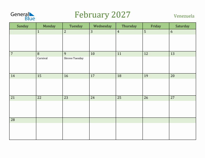 February 2027 Calendar with Venezuela Holidays