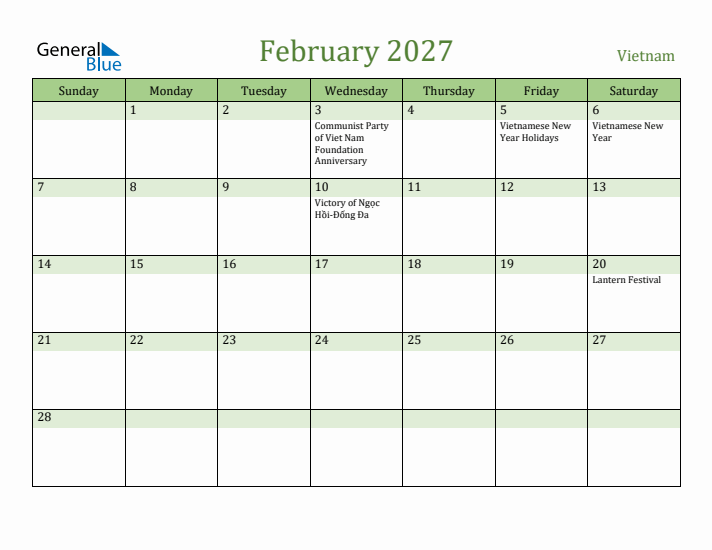 February 2027 Calendar with Vietnam Holidays