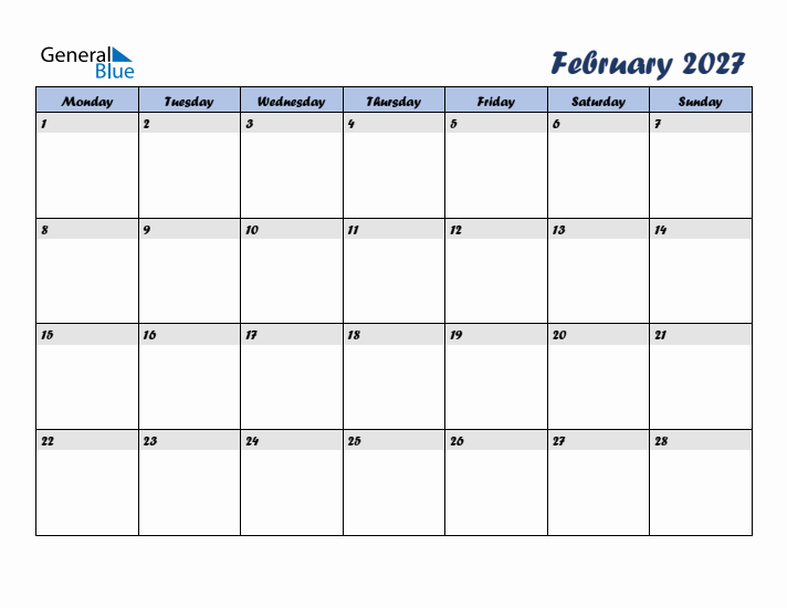 February 2027 Blue Calendar (Monday Start)