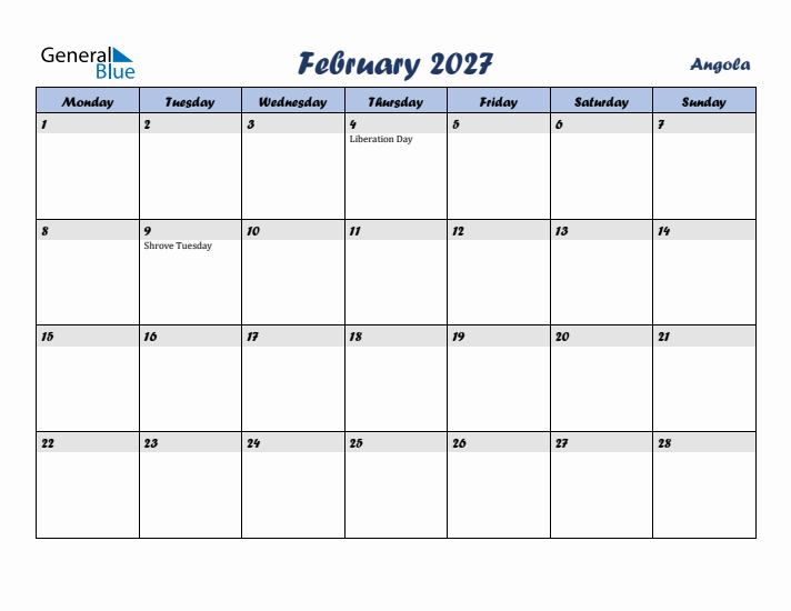 February 2027 Calendar with Holidays in Angola