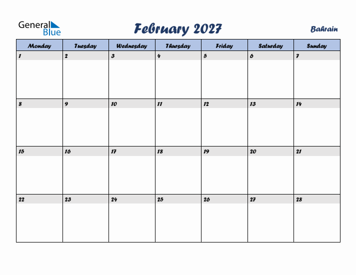 February 2027 Calendar with Holidays in Bahrain