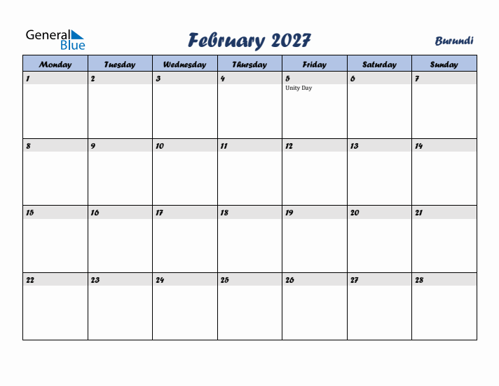 February 2027 Calendar with Holidays in Burundi