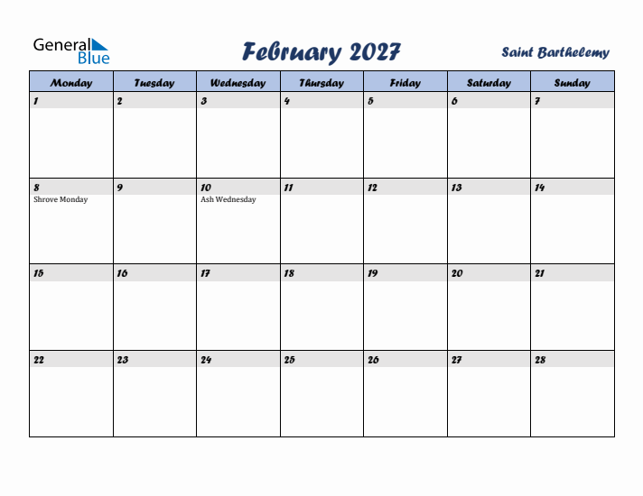 February 2027 Calendar with Holidays in Saint Barthelemy