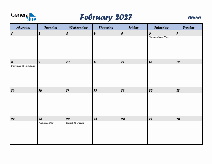 February 2027 Calendar with Holidays in Brunei