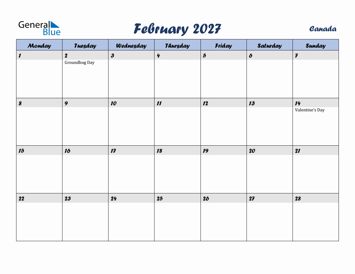 February 2027 Monthly Calendar Template with Holidays for Canada