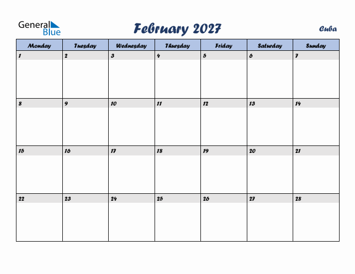 February 2027 Calendar with Holidays in Cuba