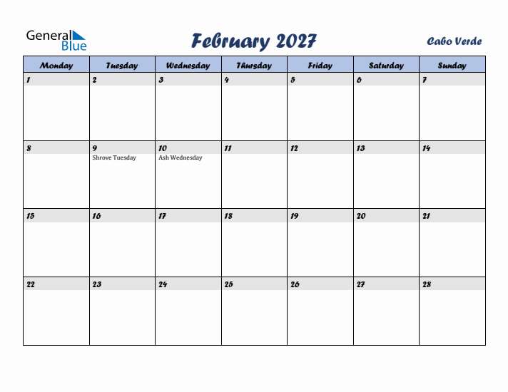 February 2027 Calendar with Holidays in Cabo Verde