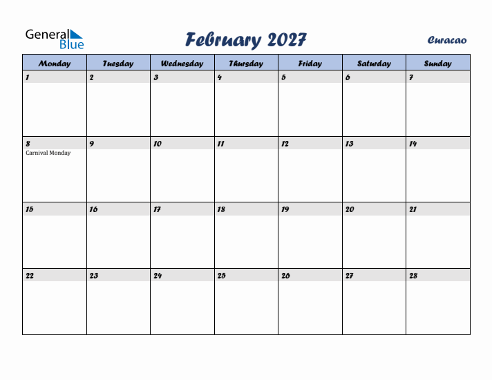 February 2027 Calendar with Holidays in Curacao