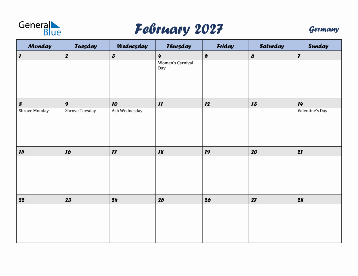 February 2027 Monthly Calendar Template With Holidays For Germany