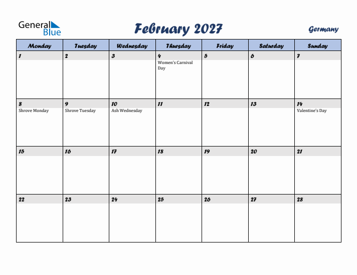 February 2027 Calendar with Holidays in Germany