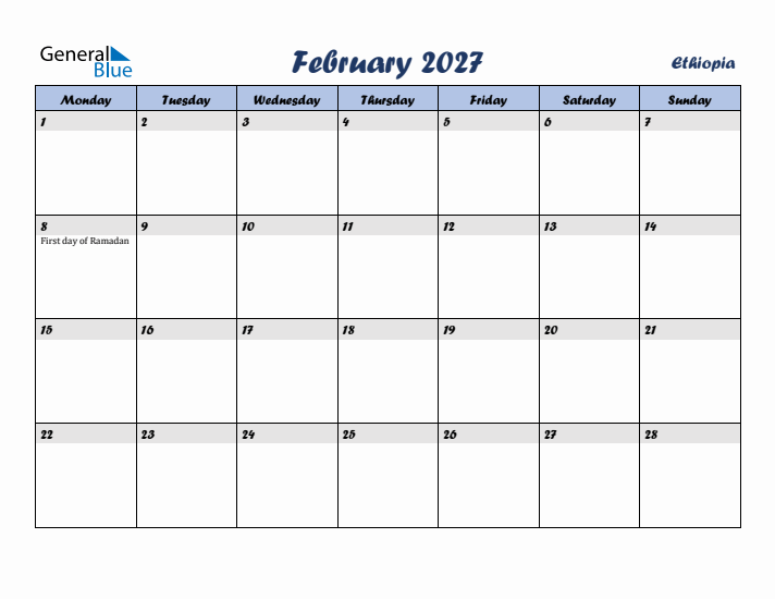 February 2027 Calendar with Holidays in Ethiopia