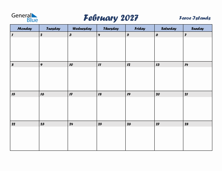 February 2027 Calendar with Holidays in Faroe Islands