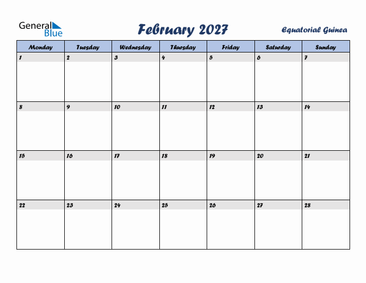 February 2027 Calendar with Holidays in Equatorial Guinea