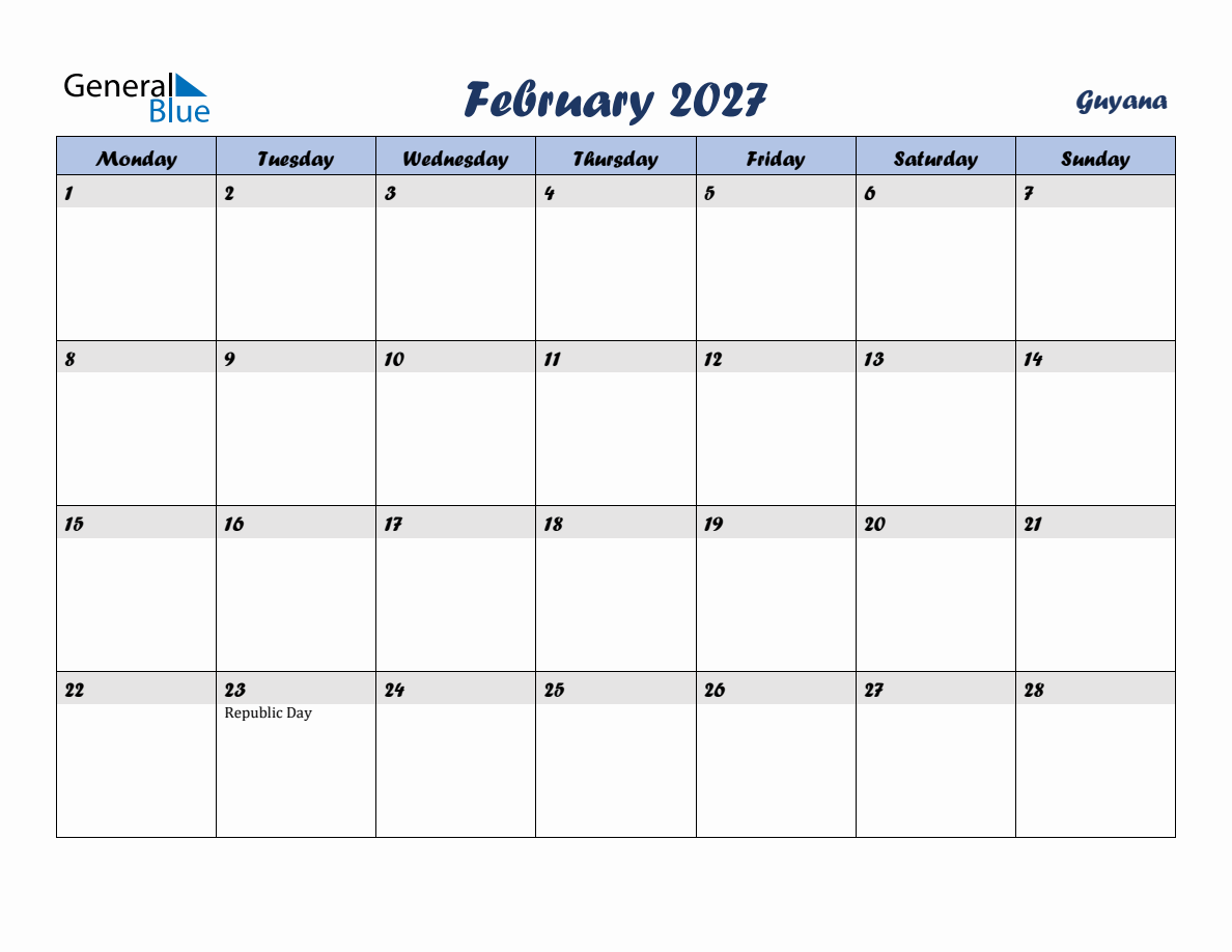 February 2027 Monthly Calendar Template with Holidays for Guyana