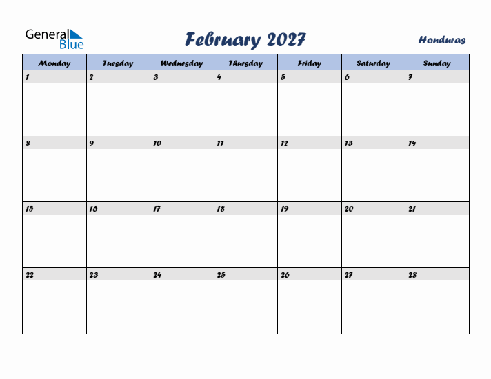 February 2027 Calendar with Holidays in Honduras