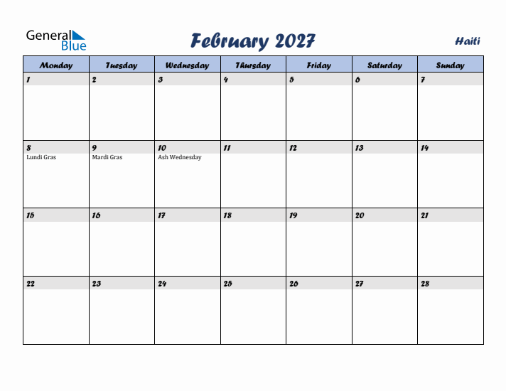 February 2027 Calendar with Holidays in Haiti