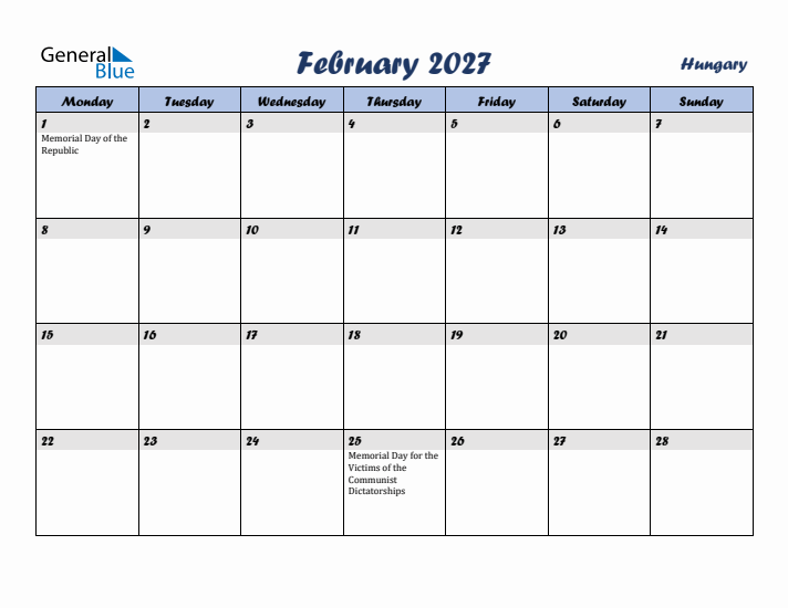 February 2027 Calendar with Holidays in Hungary