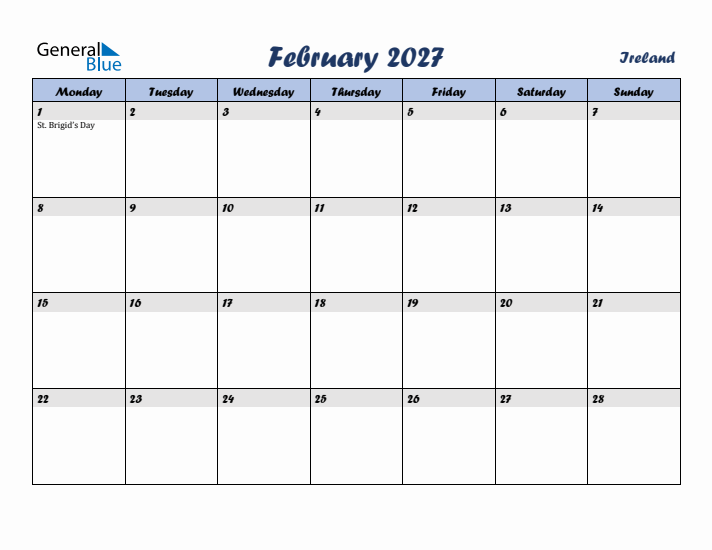 February 2027 Calendar with Holidays in Ireland