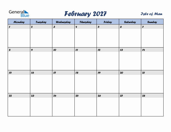 February 2027 Calendar with Holidays in Isle of Man
