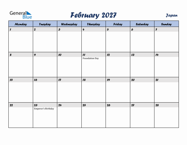 February 2027 Calendar with Holidays in Japan