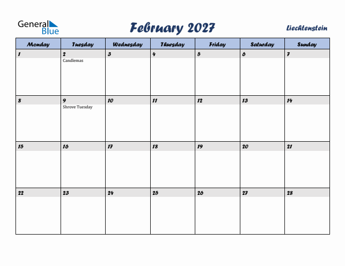 February 2027 Calendar with Holidays in Liechtenstein